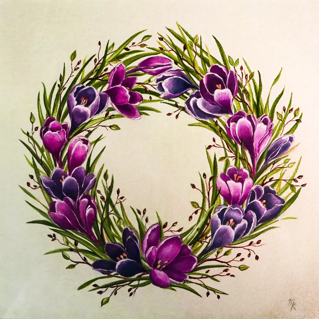 Blumenkranz, abstrakte Geometrie und Vogelmotiv – Acrylbilder von Magdalena Kradolfer