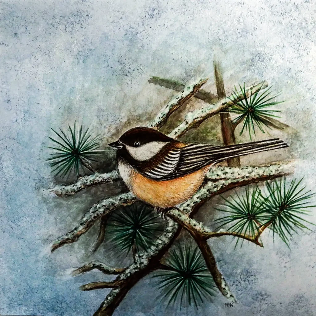 Vielfältige Malerei von Magdalena Kradolfer – 50 Jahre Dürstelerhaus Ausstellung von Magdalena Kradolfer mit Blumenkranz, abstraktem Bild und Vogel