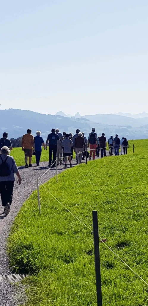 Auf den Spuren Jakob Zollingers – Spaziergang mit Aussicht Teilnehmende des Spaziergangs mit Blick über die Landschaft im Zürcher Oberland